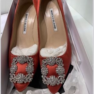 Manolo Blahnik Hangisi 70 Red Satin Pumps